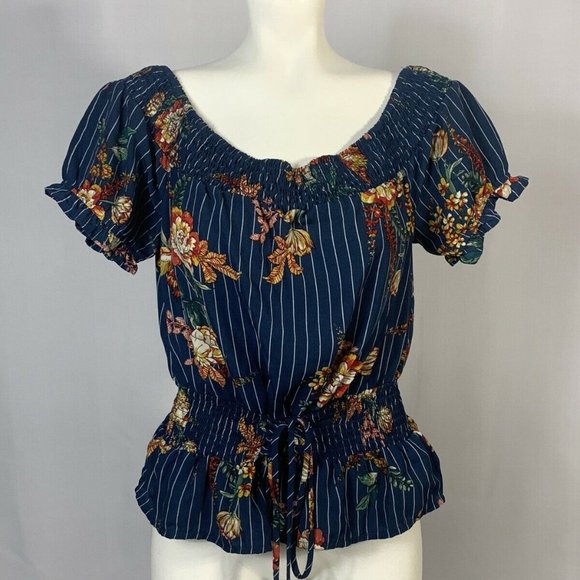 OLM Blue Floral Striped Blouse Medium - Picture 2 of 8